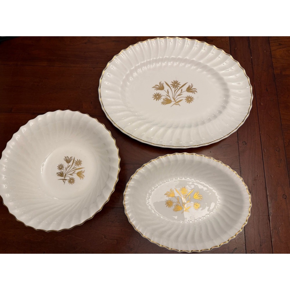 Vintage Royal Doulton Napier H4800 Bone China 3-Piece Serving Set Gold Floral
